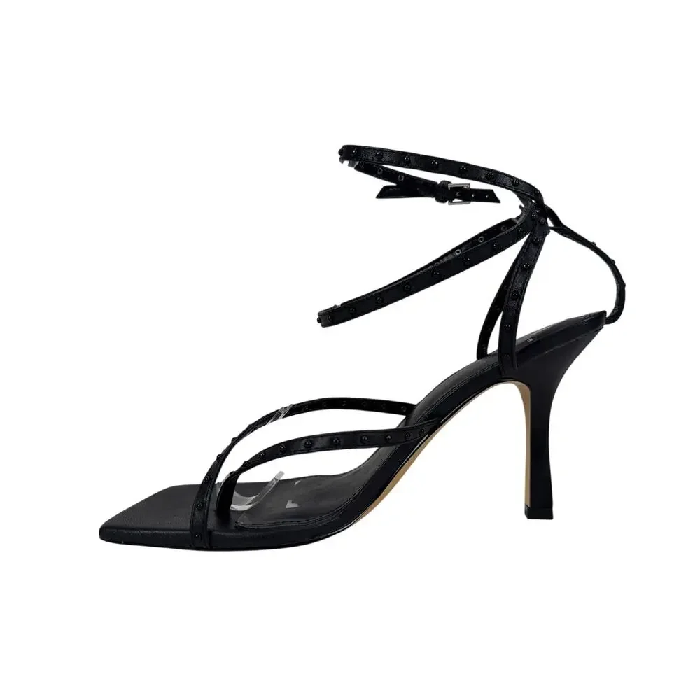 Marc Fisher LTD Dallin Sandals Heeled Womens 9 Black Strappy Studded Sq Toe